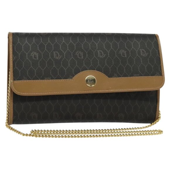 Christian Dior Honeycomb Canvas Chain Shoulder Bag PVC Black Gold Auth EC097 - Picture 1 of 15